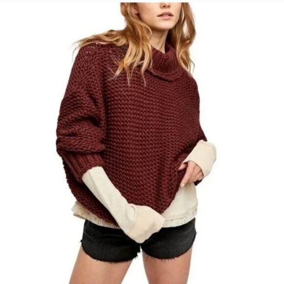 Free People My Only Sunshine Cowl Neck Sweater Chunky Knit Maroon Size M - Picture 1 of 9